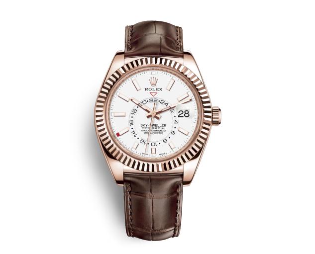 The luxury copy Rolex Sky-dweller 326135 watches have everose gold cases, white dials and dark alligator leather straps. 
