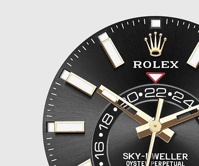 The 42 mm replica Rolex Sky-Dweller 326138 watches have black dials with dual time zone.