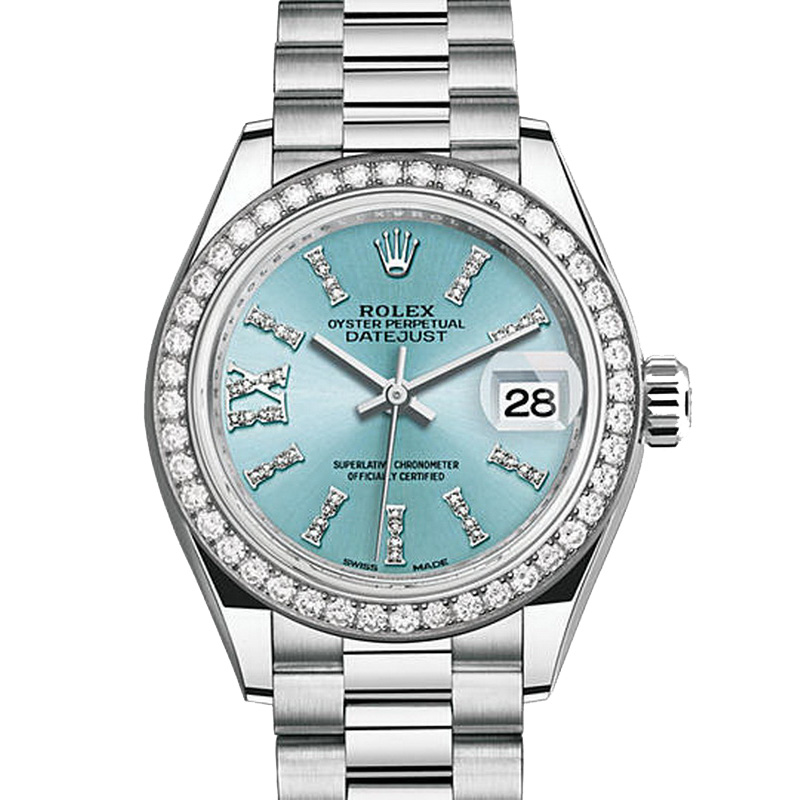 The 28 mm replica Rolex Lady-Datejust 28 279136RBR watches have ice blue dials.