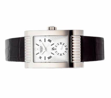 The 18k white gold fake watches have black leather straps.