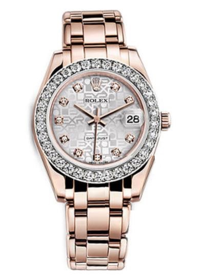 The silvery dial fake watch is decorated with diamonds.