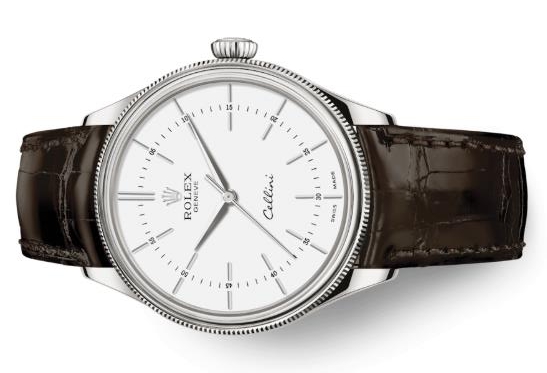 The 39mm replica watch has a white dial.